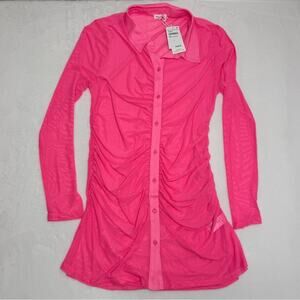 NWT Good American 5 (2XL) Pink Button-Up Ruched Mini Dress Swim Coverup